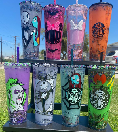 24oz Double Wall Snow Globe Plastic Cup Tumbler with Pre-drilled Hole and Plug-CNLCA