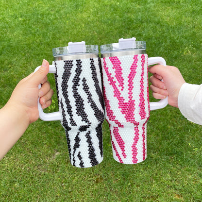 40oz Glow In Dark Bling Zebra Pattern Rhinestone Full Coverd Travel Mug Tumbler With Handle Lid And Straw-USLCA