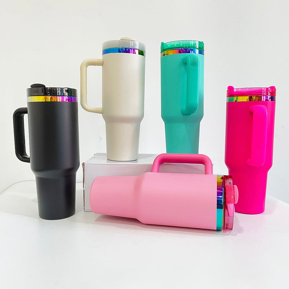 4Pack/8Pack/12Pack 40oz H2.0 Colorful Rainbow Plated Underneath Powder Coated Tumblers Travel Mugs with Handle for Laser-CNLCA