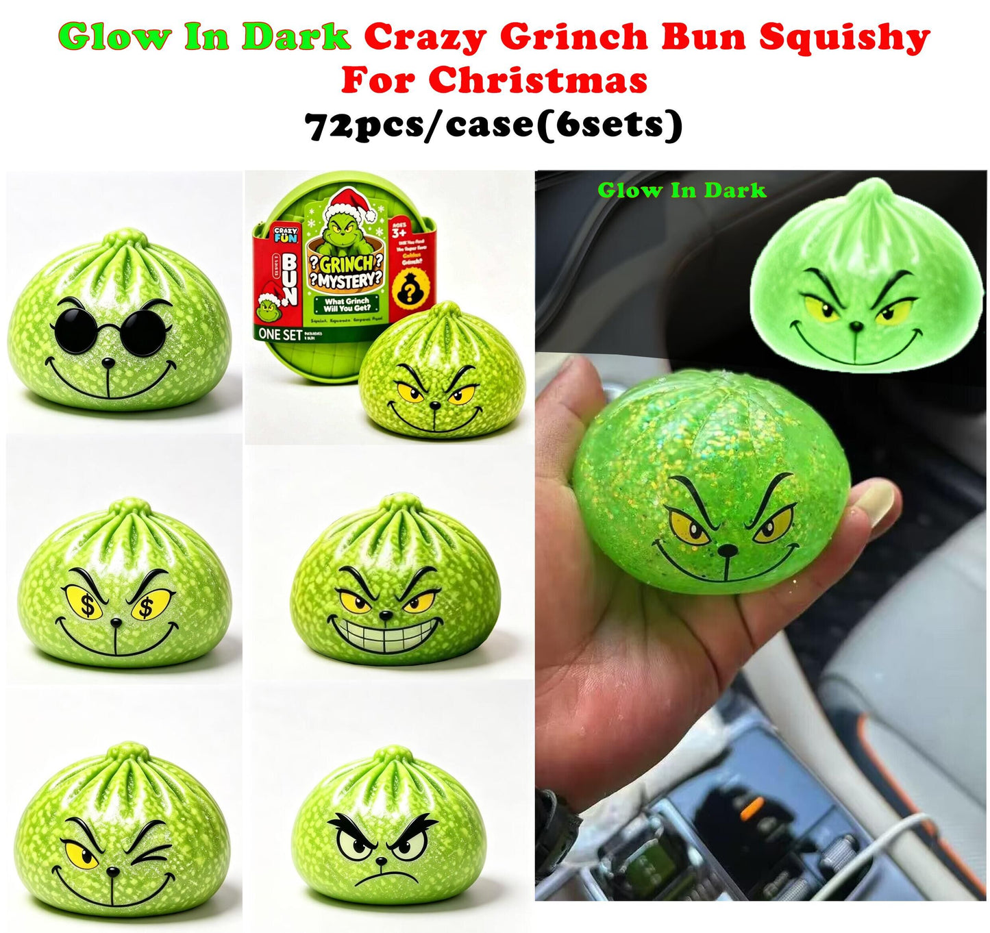 8.5cm Xmas Glow in dark Grinch Bun Squishy Glowing Grinch Dumpling Squeeze Fidget Toys for Christmas-CNLCA