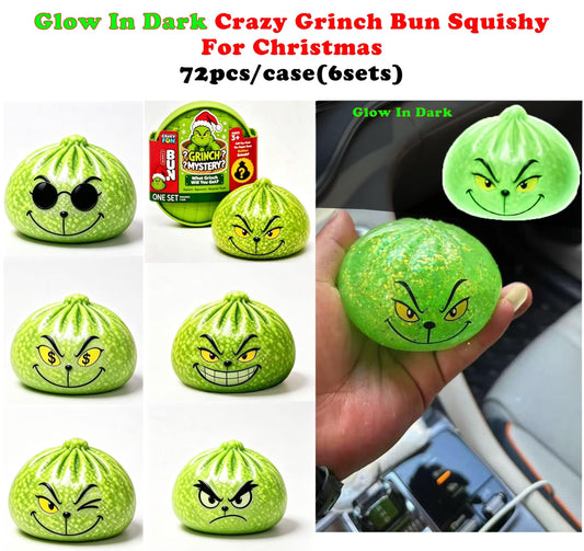 8.5cm Xmas Glow in dark Grinch Bun Squishy Glowing Grinch Dumpling Squeeze Fidget Toys for Christmas-CNLCA