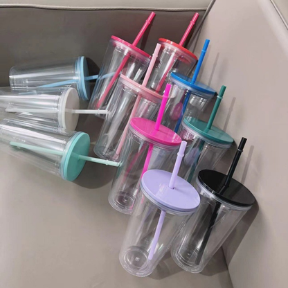 16oz Double Wall Snow Globe Tapered Plastic Cup Tumbler with Pre-drilled Hole and Plug Color Lid-CNLCA