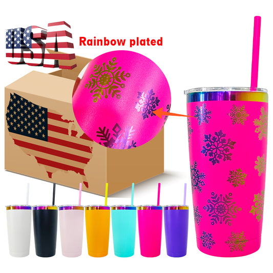4Pack/8Pack/12Pack Yeti Power Coated 20oz Rainbow Plated Tumblers With Colorful Straws for Laser Engraving-CNLCA