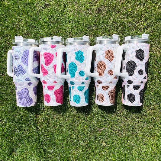 10Pack 40oz Cow Pattern Rhinestone Full Coverd Stanley Style Travel Mug Tumbler With Handle Lid And Straw-CNLCA