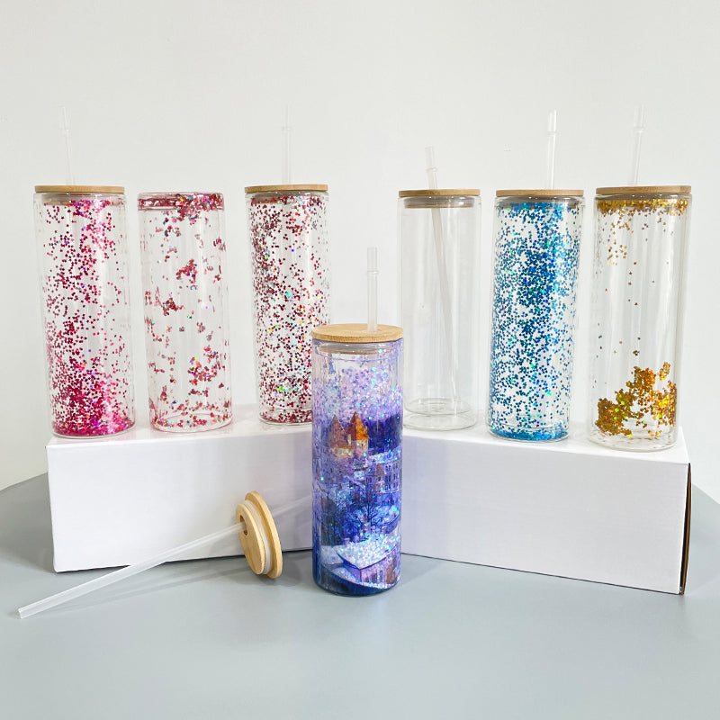 12oz 15oz 20oz Blank Sublimation Snow Globe Double Wall Glass Can Tumbler with Bamboo Lid-CNLCA