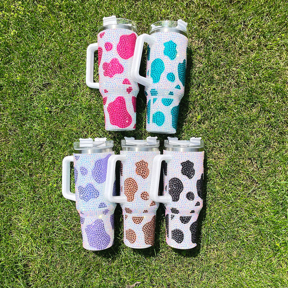 10Pack 40oz Cow Pattern Rhinestone Full Coverd Stanley Style Travel Mug Tumbler With Handle Lid And Straw-CNLCA