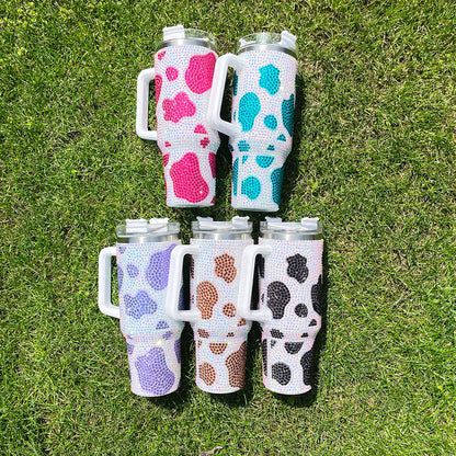 10Pack 40oz Cow Pattern Rhinestone Full Coverd Stanley Style Travel Mug Tumbler With Handle Lid And Straw-CNLCA