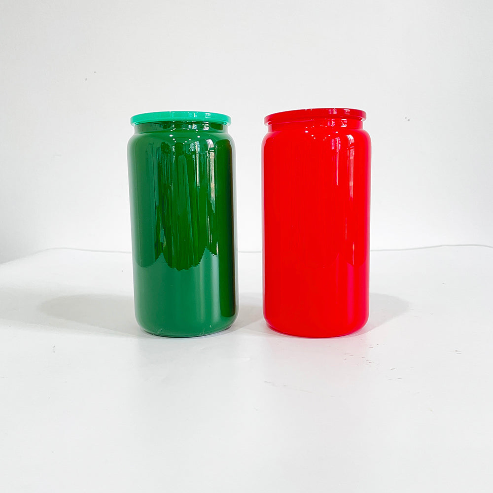 16oz Christmas Red Green Color Glass Can with PP Lids Beer Can-USLCA