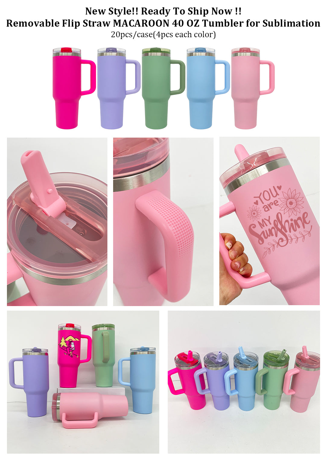 40oz Protour Blank Sublimation Flip Straw Macaroon Quencher Tumbler-CNLCA