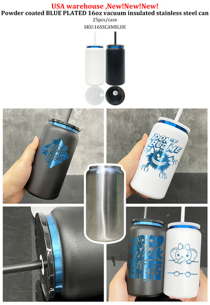 16oz Blue Plated Underneath Powder Coated Colored Stainless Steel Can Tumbler For Laser-CNLCA