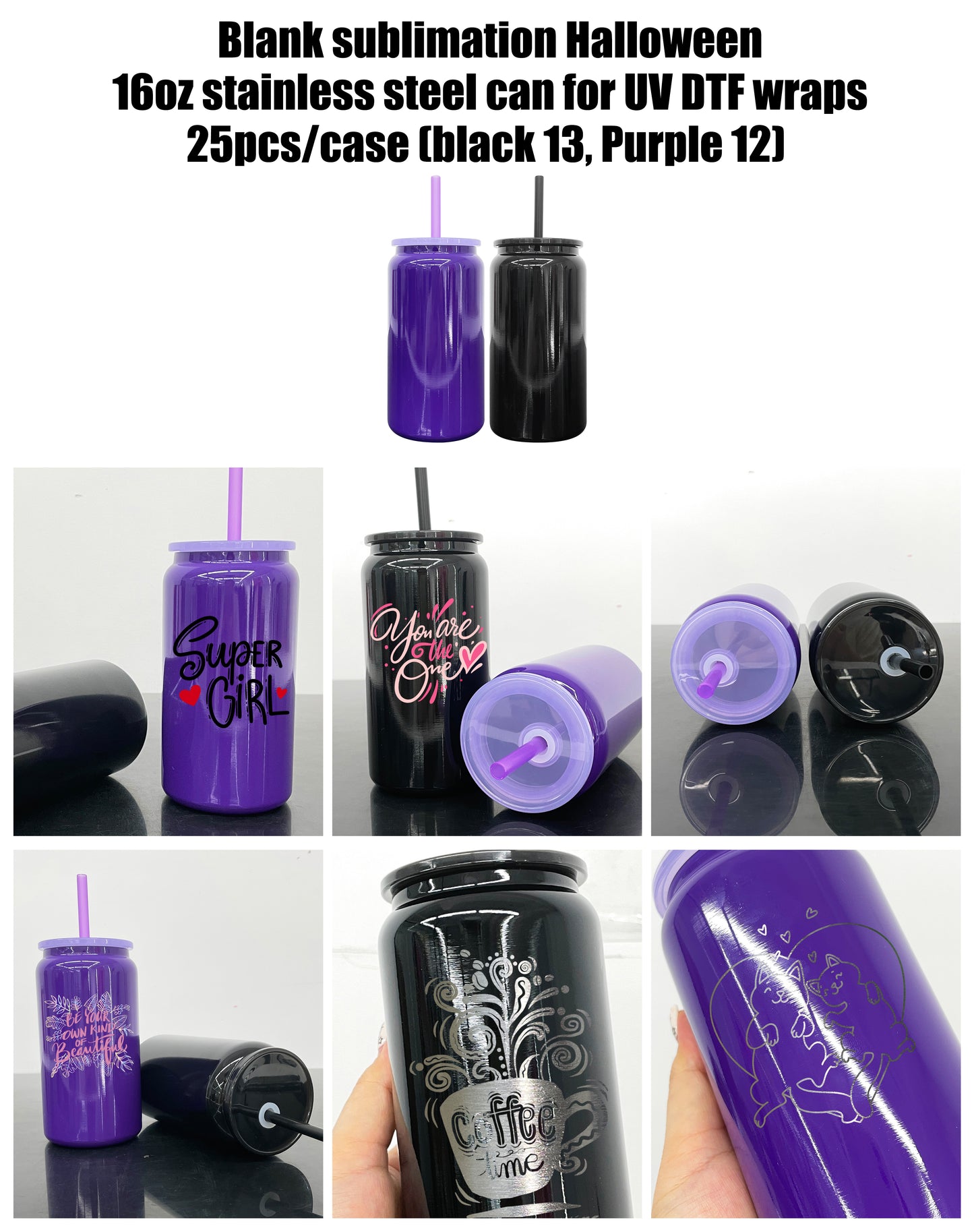 Blank Sublimation Halloween Purple Black 16oz Stainless Steel Can Tumbler-CNLCA
