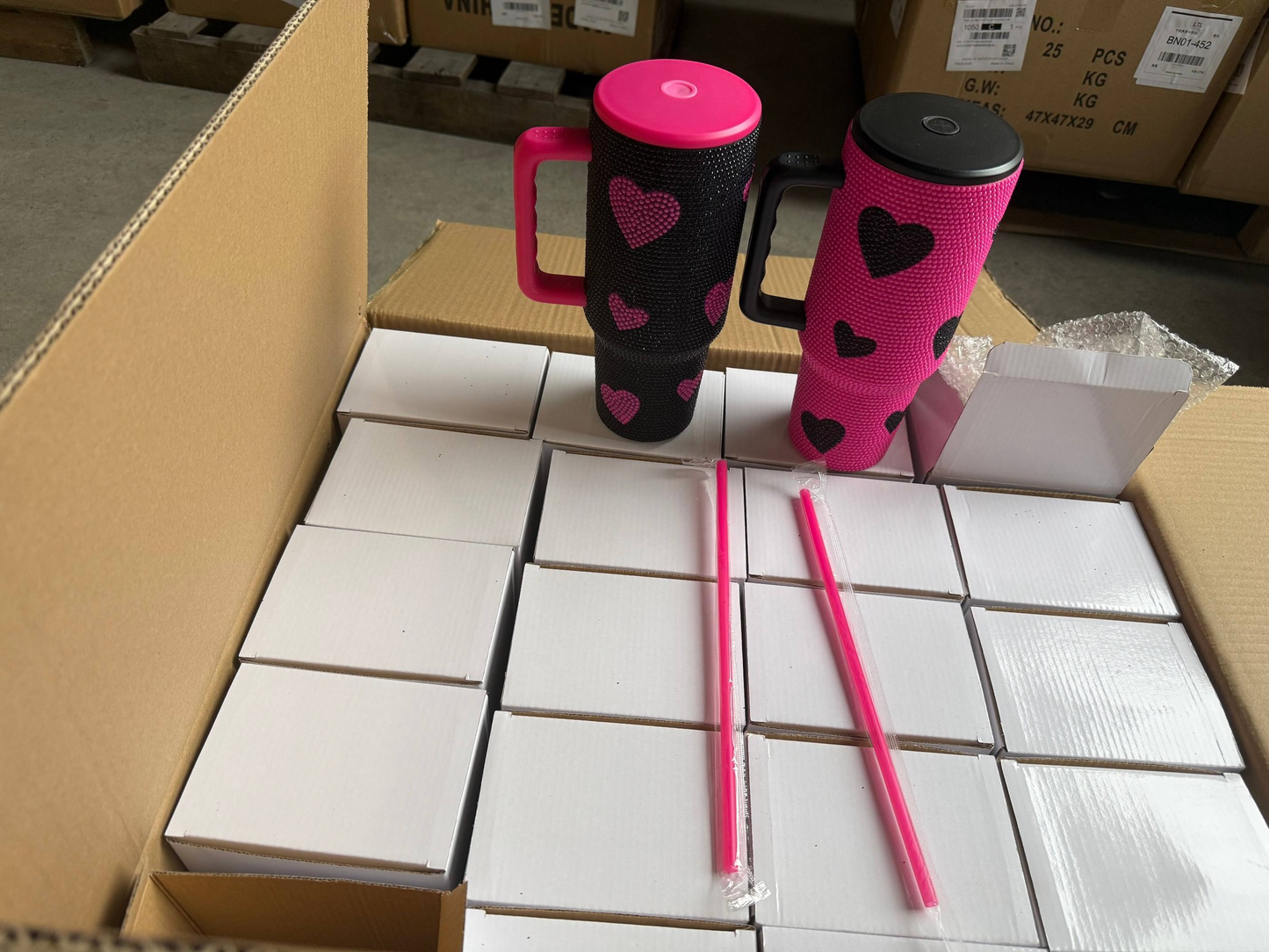 Hot Pink Black 40oz Sweet Heart Print Diamond Rhinestone Bling Stainless Steel Tumblers-CNLCA