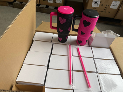 Hot Pink Black 40oz Sweet Heart Print Diamond Rhinestone Bling Stainless Steel Tumblers-CNLCA