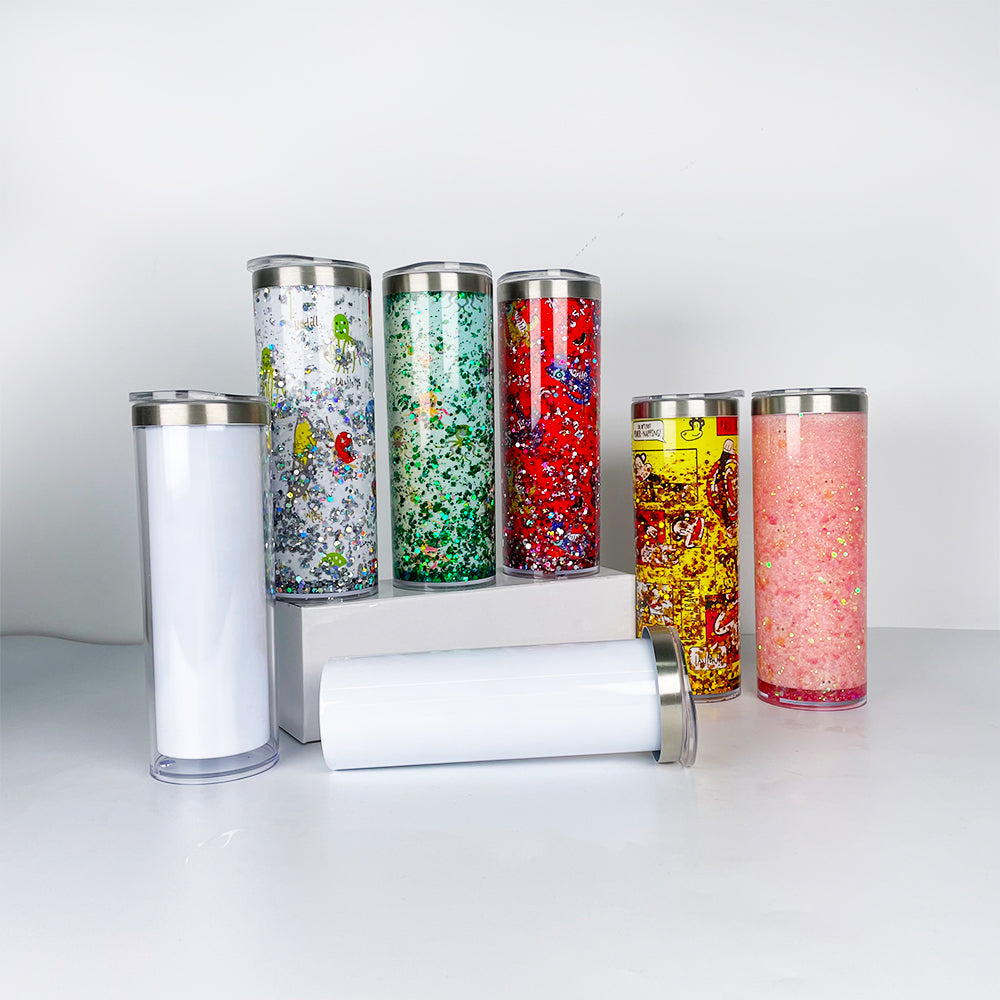 20oz Sublimation Blanks Pre Drilled Double Wall Snow Globe Plastic Outside White Stainless Steel Inside Straight Storyboard Tumbler -USLCA
