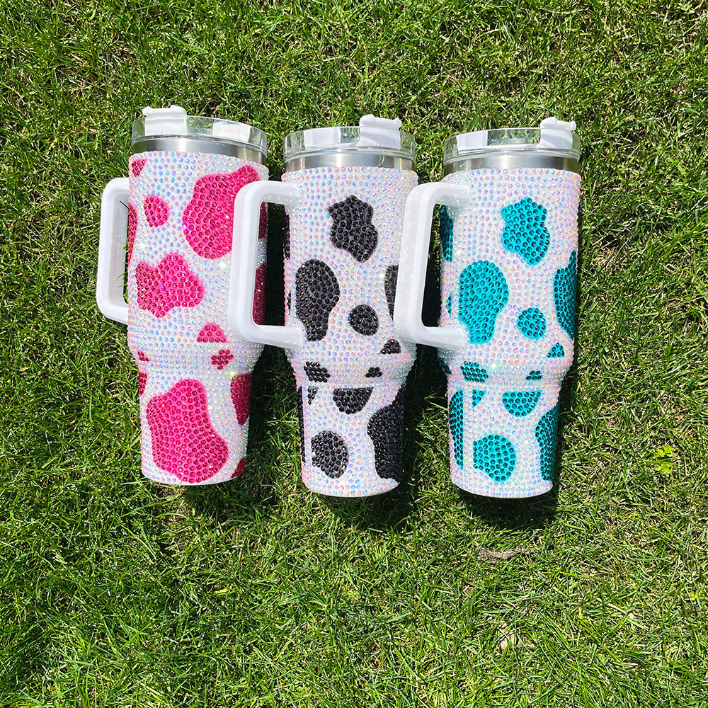 10Pack 40oz Cow Pattern Rhinestone Full Coverd Stanley Style Travel Mug Tumbler With Handle Lid And Straw-CNLCA