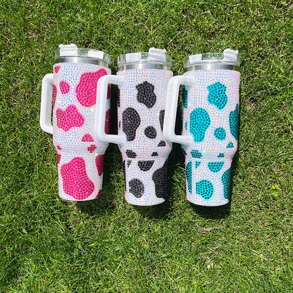 10Pack 40oz Cow Pattern Rhinestone Full Coverd Stanley Style Travel Mug Tumbler With Handle Lid And Straw-CNLCA