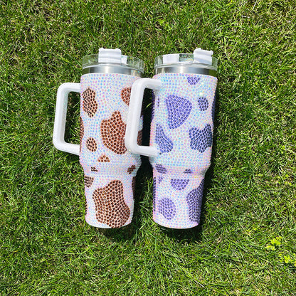 10Pack 40oz Cow Pattern Rhinestone Full Coverd Stanley Style Travel Mug Tumbler With Handle Lid And Straw-CNLCA