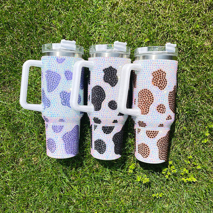 10Pack 40oz Cow Pattern Rhinestone Full Coverd Stanley Style Travel Mug Tumbler With Handle Lid And Straw-CNLCA