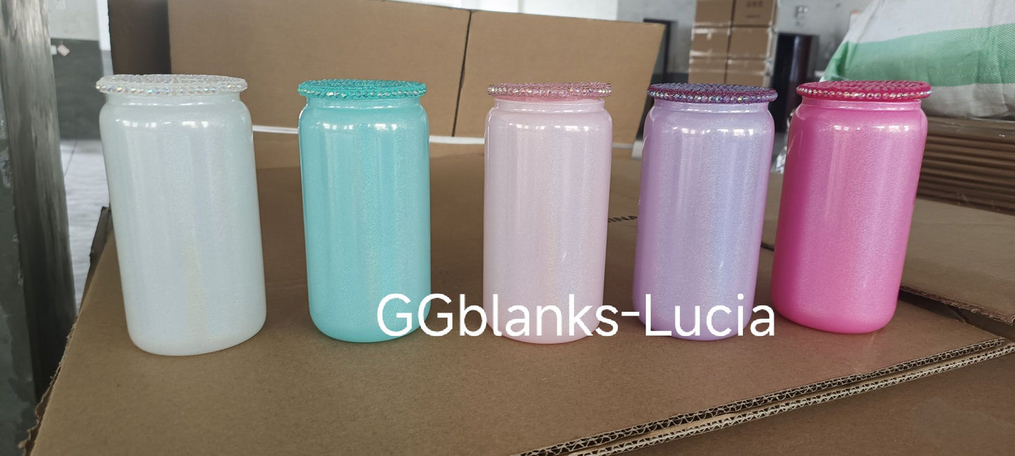 BGL1601 16oz Bling Lid Holographic Shimmer Glitter Blank Sublimation With Bling Rhinestone Plastic Lid-CNLCA