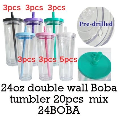 24oz Double Wall Snow Globe Boba Plastic Acrylic Tapered Cup Tumbler with Predrilled Hole-CNLCA
