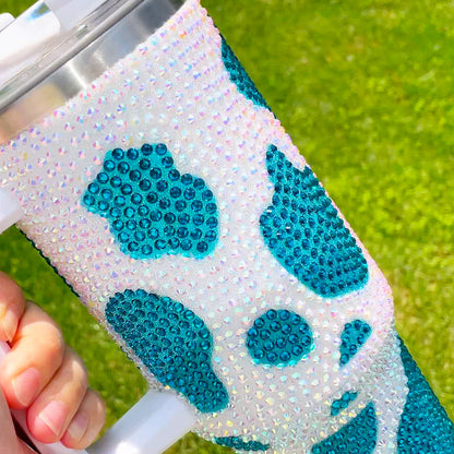 40oz Bling Cow Pattern Rhinestone Full Coverd Stanley Style Travel Mug Tumbler With Handle Lid And Straw-CNLCA