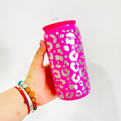 16oz Holographic Print Leopard Glass Can Drinkware With BPA Free PP Lid 50PCS Sold By Case -USLCA