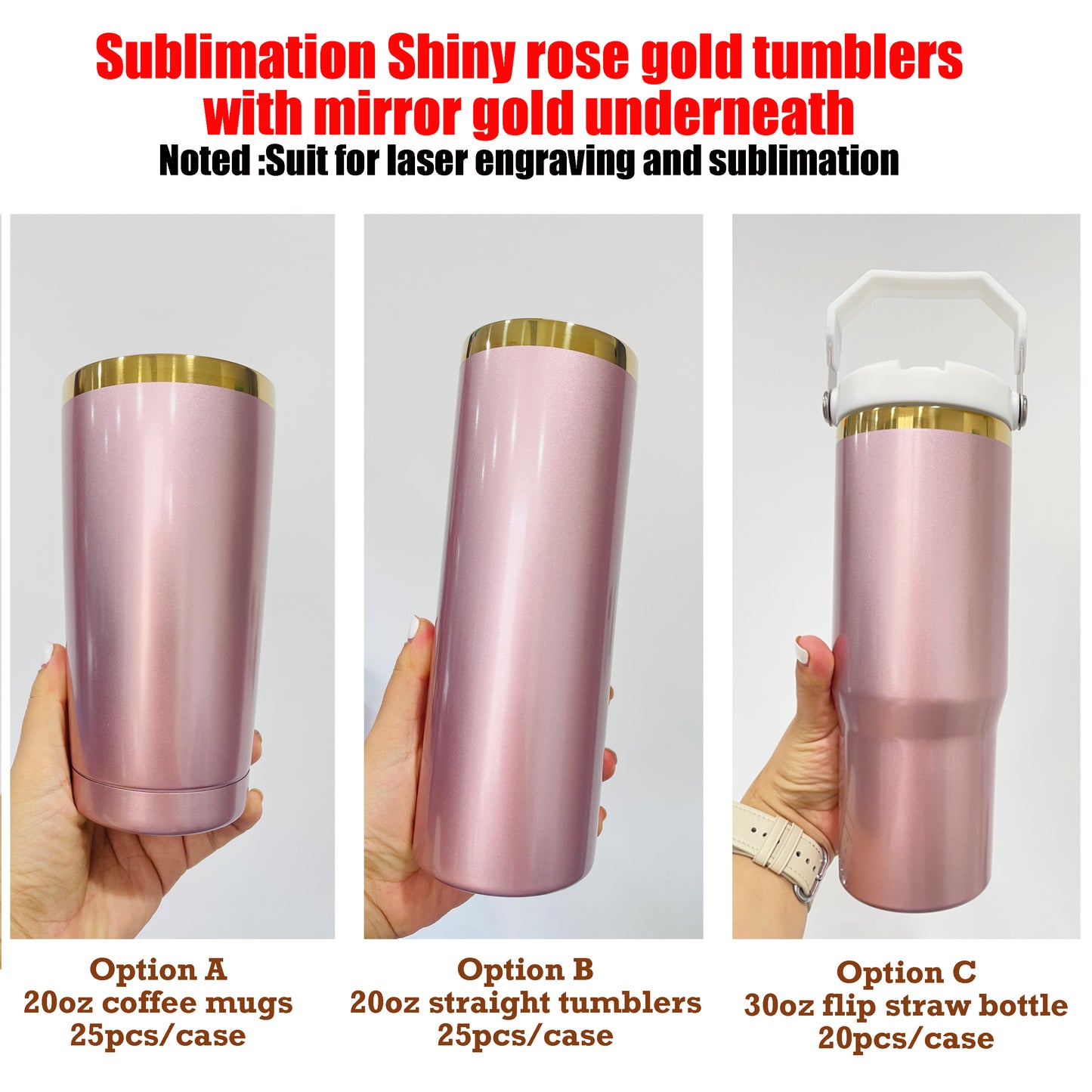 20oz Mirror Gold Plated Shiny Rose Pink Color Tumbler Coffee Mugs for Laser Engraved-CNLCA