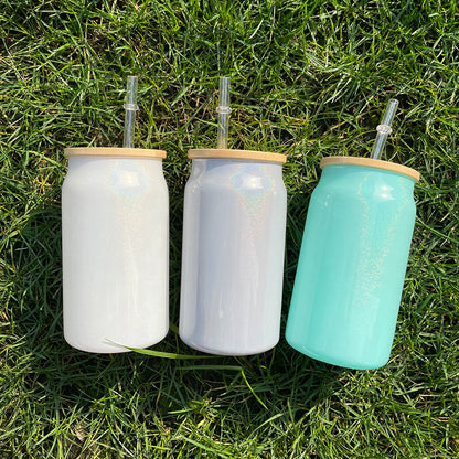 15oz Bamboo Lid Blank Sublimation Shimmer Glitter Sodium Calcium Glass Can Tumbler-CNLCA