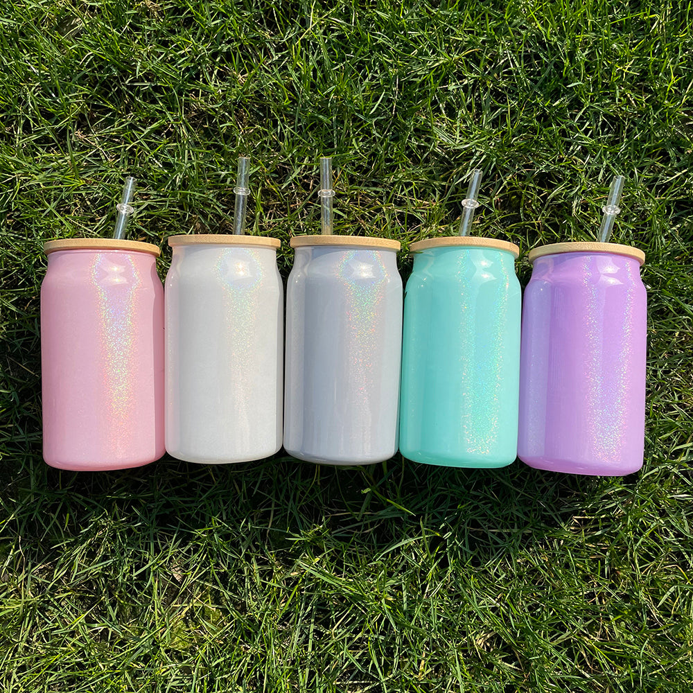 15oz Bamboo Lid Blank Sublimation Shimmer Glitter Sodium Calcium Glass Can Tumbler-CNLCA