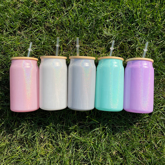 15oz Bamboo Lid Blank Sublimation Shimmer Glitter Sodium Calcium Glass Can Tumbler-CNLCA