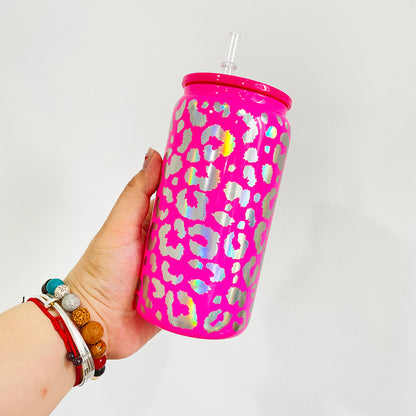 16oz Holographic Print Leopard Glass Can Drinkware With BPA Free PP Lid 50PCS Sold By Case -USLCA