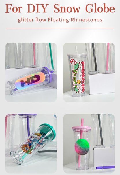 24oz Double Wall Snow Globe Boba Plastic Acrylic Tapered Cup Tumbler with Predrilled Hole-CNLCA