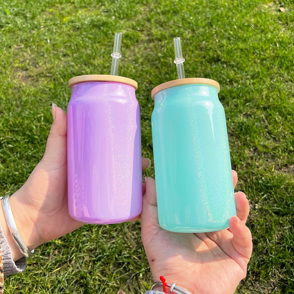 15oz Bamboo Lid Blank Sublimation Shimmer Glitter Sodium Calcium Glass Can Tumbler-CNLCA