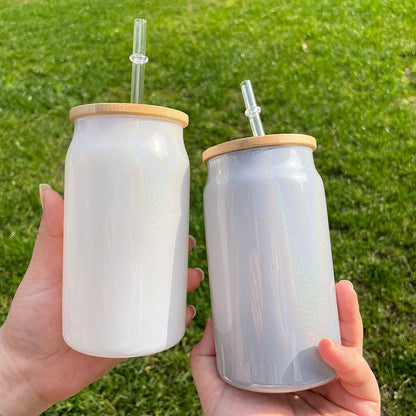 15oz Bamboo Lid Blank Sublimation Shimmer Glitter Sodium Calcium Glass Can Tumbler-CNLCA
