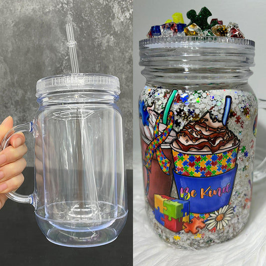 20oz Double Wall Snow Globe Plastic Mason Jar With Handle No Pre-drilled Hole-CNLCA