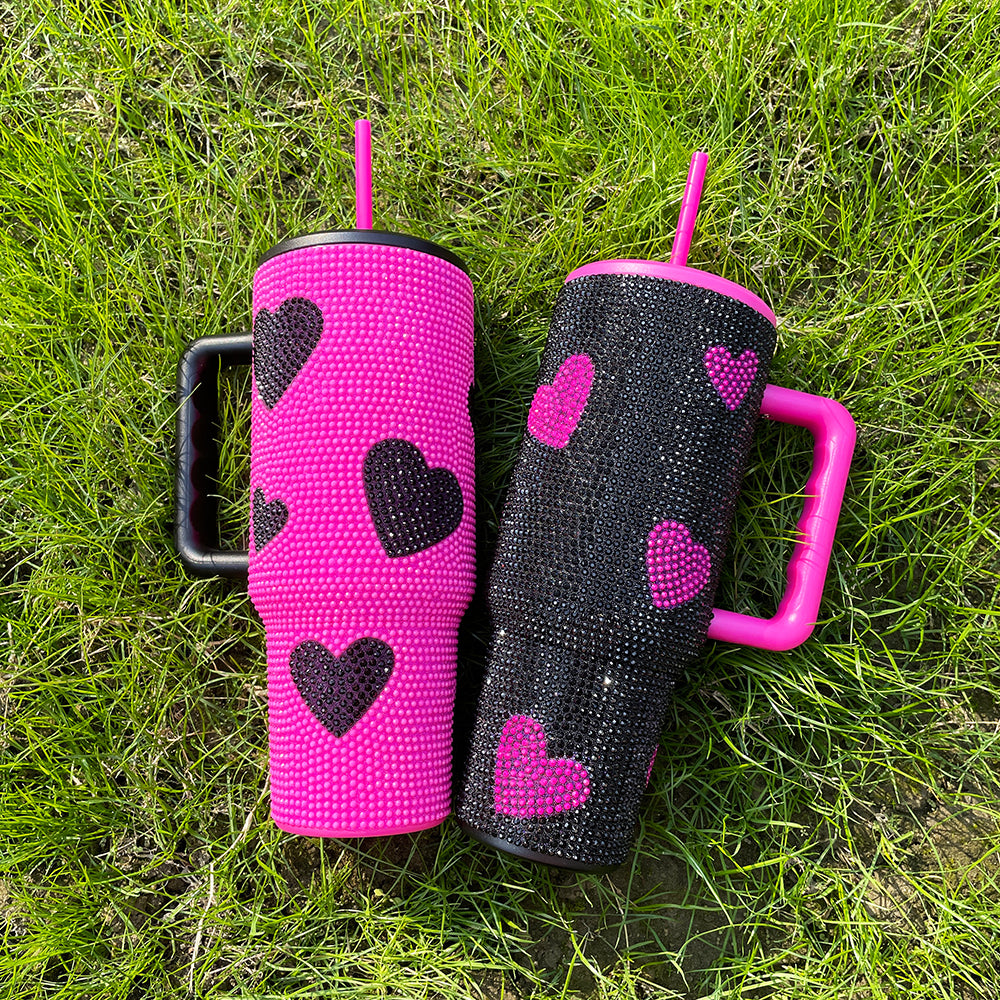 Hot Pink Black 40oz Sweet Heart Print Diamond Rhinestone Bling Stainless Steel Tumblers-CNLCA