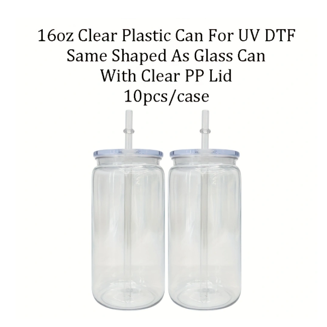 10Pack/25Pack 16oz Plastic Can Cup with Clear Plastic Lids for UV DTF Wraps Same Shape Size As Glass Can-CNLCA