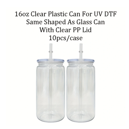 10Pack/25Pack 16oz Plastic Can Cup with Clear Plastic Lids for UV DTF Wraps Same Shape Size As Glass Can-CNLCA