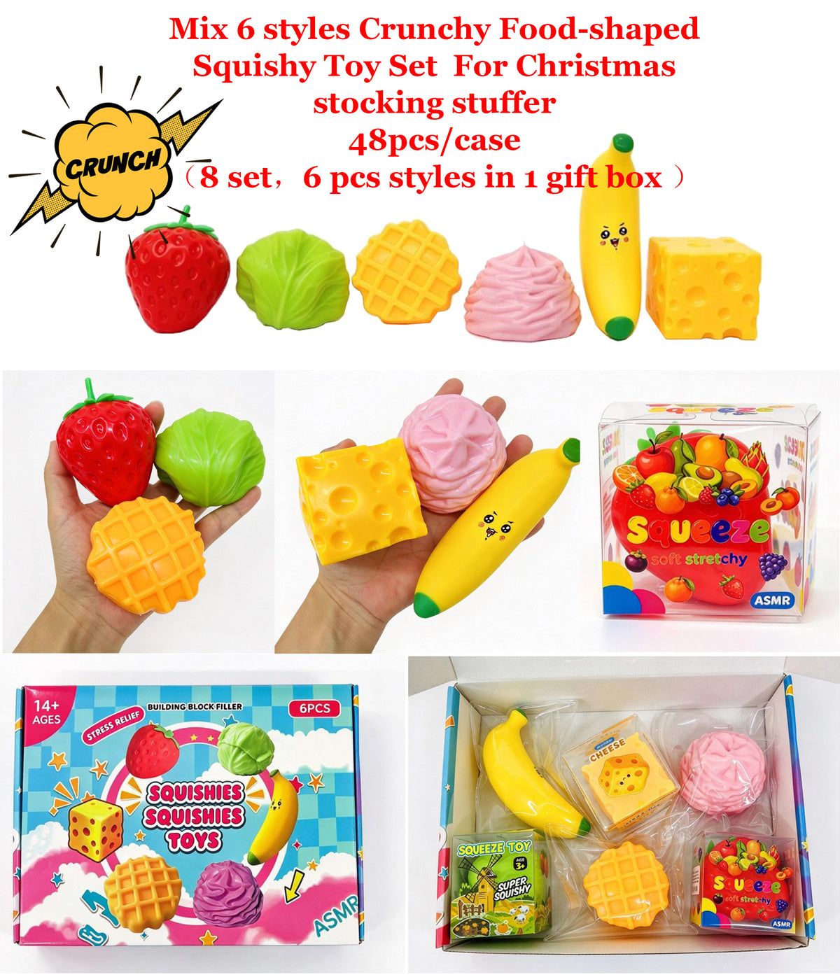 48Pcs 6 In 1 Crunchy Food Shape Squishy Toy Set Strawberry Cabbage Waffle Cheese Banana ASMR Crinkle Sound Squishies Fidget Toys-CNLCA
