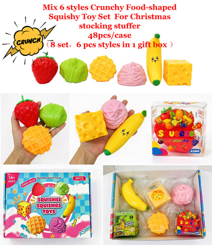 48Pcs 6 In 1 Crunchy Food Shape Squishy Toy Set Strawberry Cabbage Waffle Cheese Banana ASMR Crinkle Sound Squishies Fidget Toys-CNLCA
