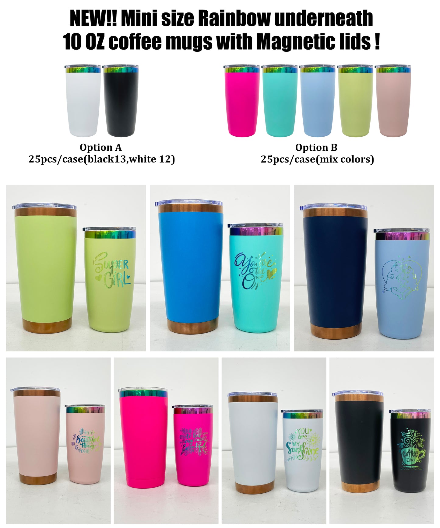 25Pack Mini Size 10oz Rainbow Plated Underneath Tumbler Coffee Mugs with Magnetic Lids For Laser-CNLCA