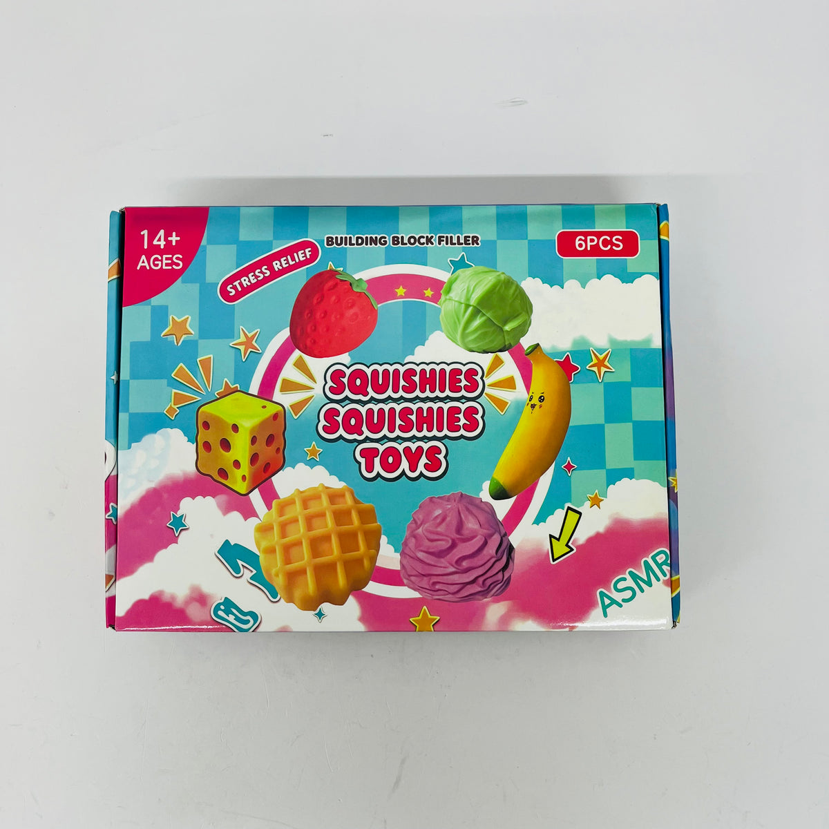 48Pcs 6 In 1 Crunchy Food Shape Squishy Toy Set Strawberry Cabbage Waffle Cheese Banana ASMR Crinkle Sound Squishies Fidget Toys-CNLCA