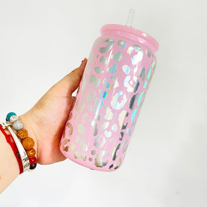 16oz Holographic Print Leopard Glass Can Drinkware With BPA Free PP Lid 50PCS Sold By Case -USLCA