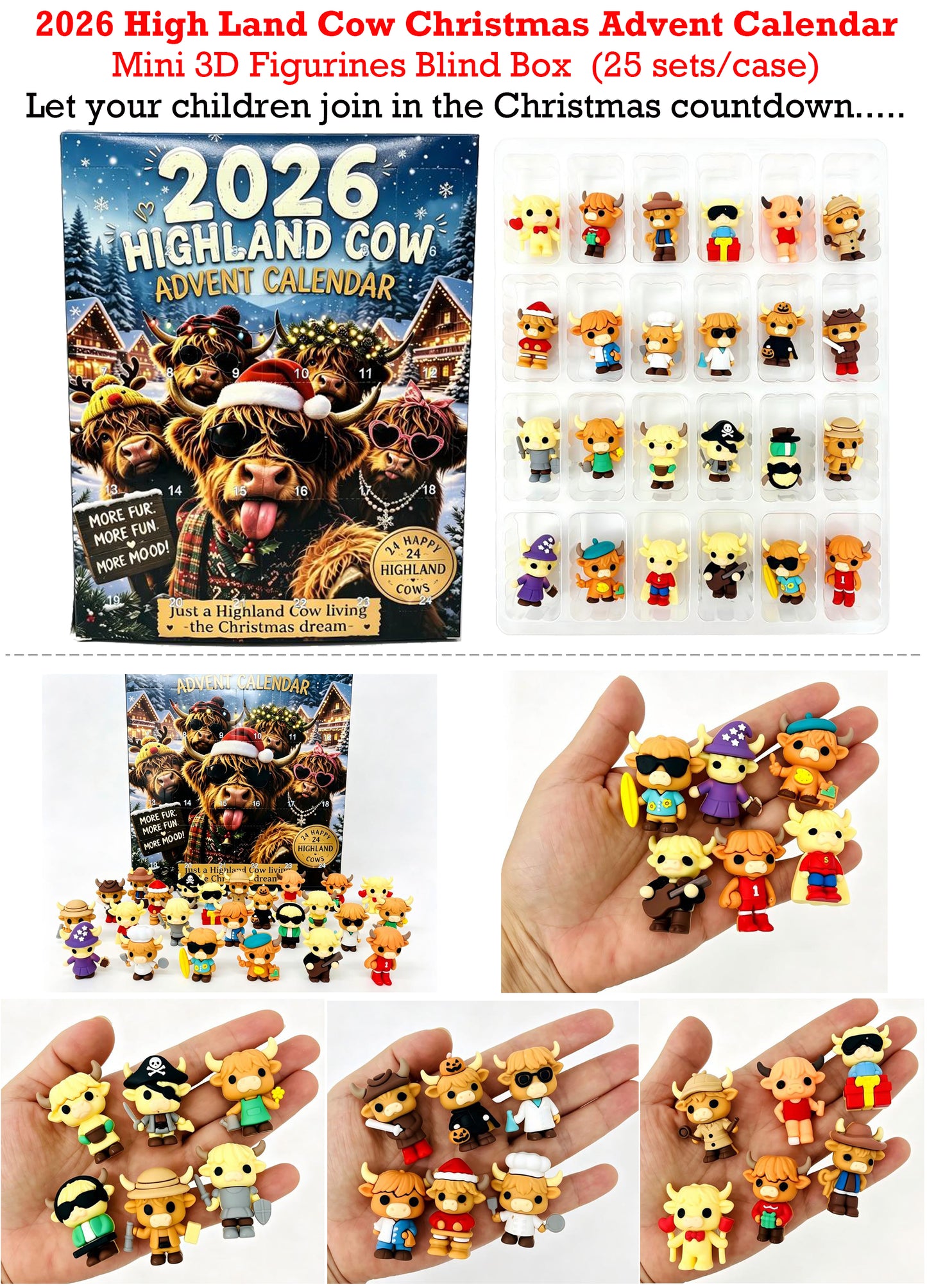 25Pack 2026 Highland Cow Christmas Advent Calendar 24 Days Countdown 3D Mini Figurines Blind Box Toy-CNLCA