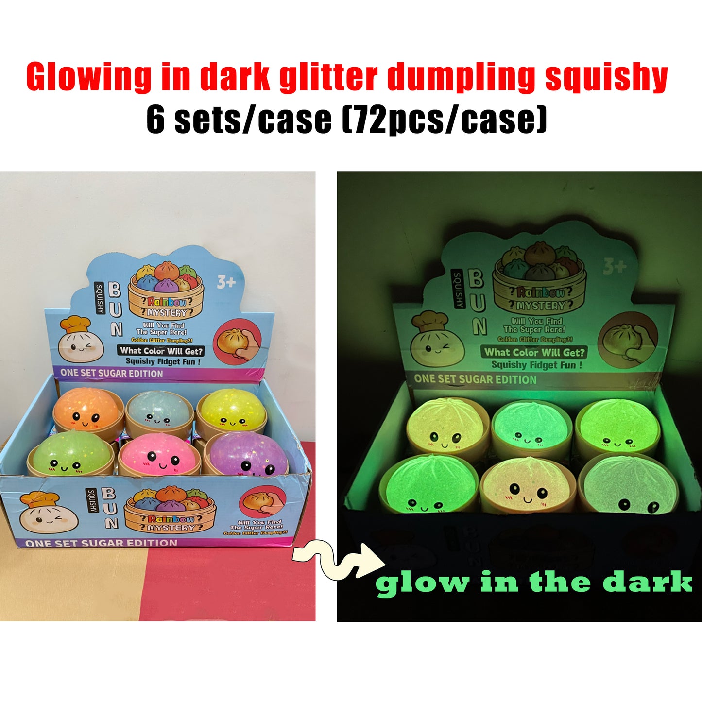 8.5cm Glowing Steamed Bun Halloween Glow in Dark Glitter Smiling Dumpling Squishy Stress Relief Fidget Toys Mystery Blind Box-CNLCA