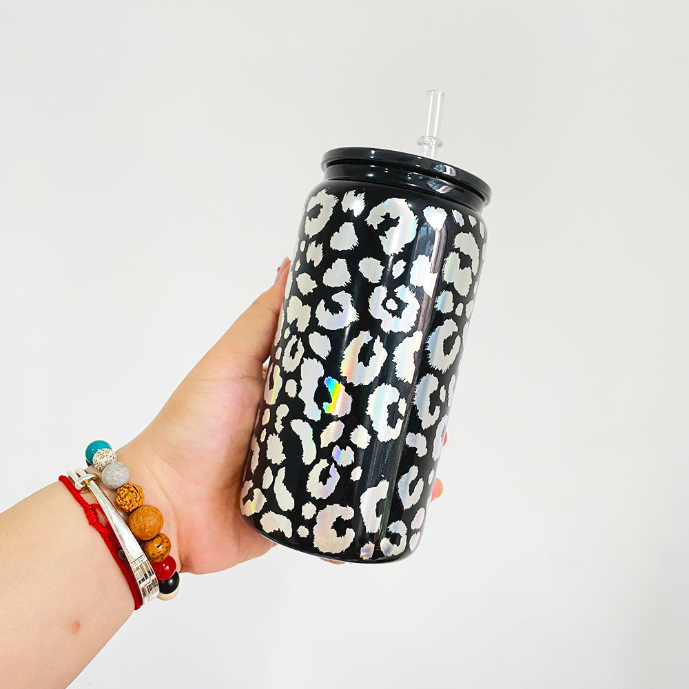 16oz Holographic Print Leopard Glass Can Drinkware With BPA Free PP Lid 50PCS Sold By Case -USLCA