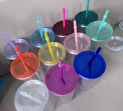 16oz Color Lid Straw Double Wall Snow Globe Tapered Plastic Cup Tumbler with Pre-drilled Hole and Plug-CNLCA