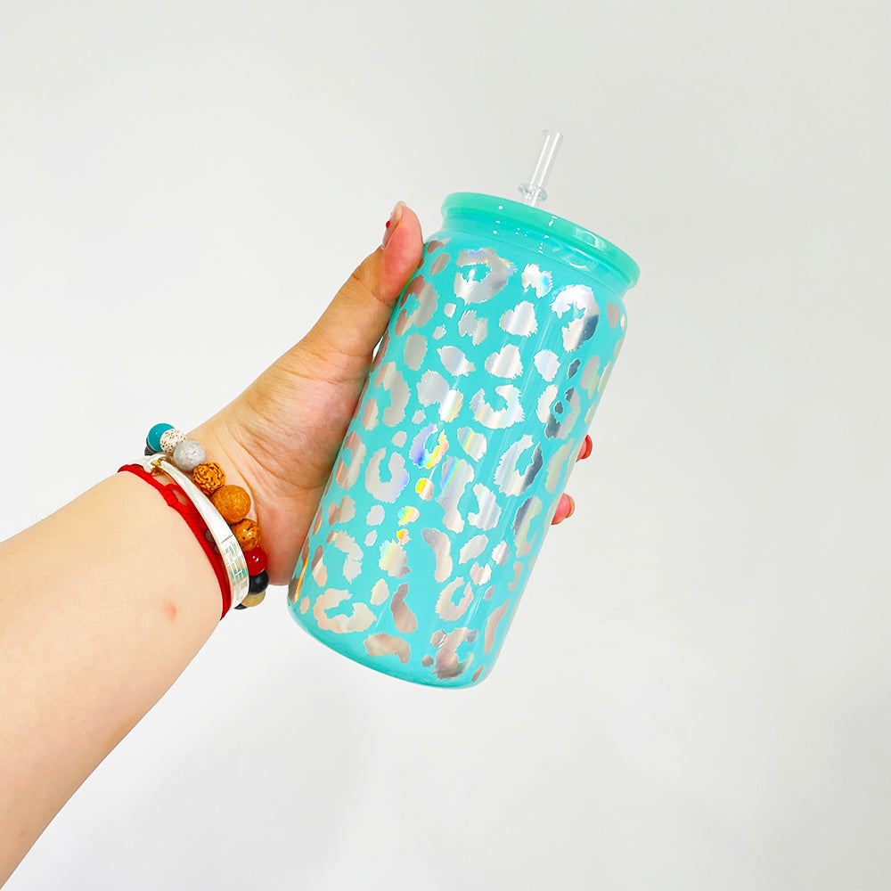 16oz Holographic Print Leopard Glass Can Drinkware With BPA Free PP Lid 50PCS Sold By Case -USLCA