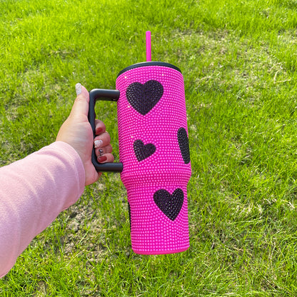 Hot Pink Black 40oz Sweet Heart Print Diamond Rhinestone Bling Stainless Steel Tumblers-CNLCA