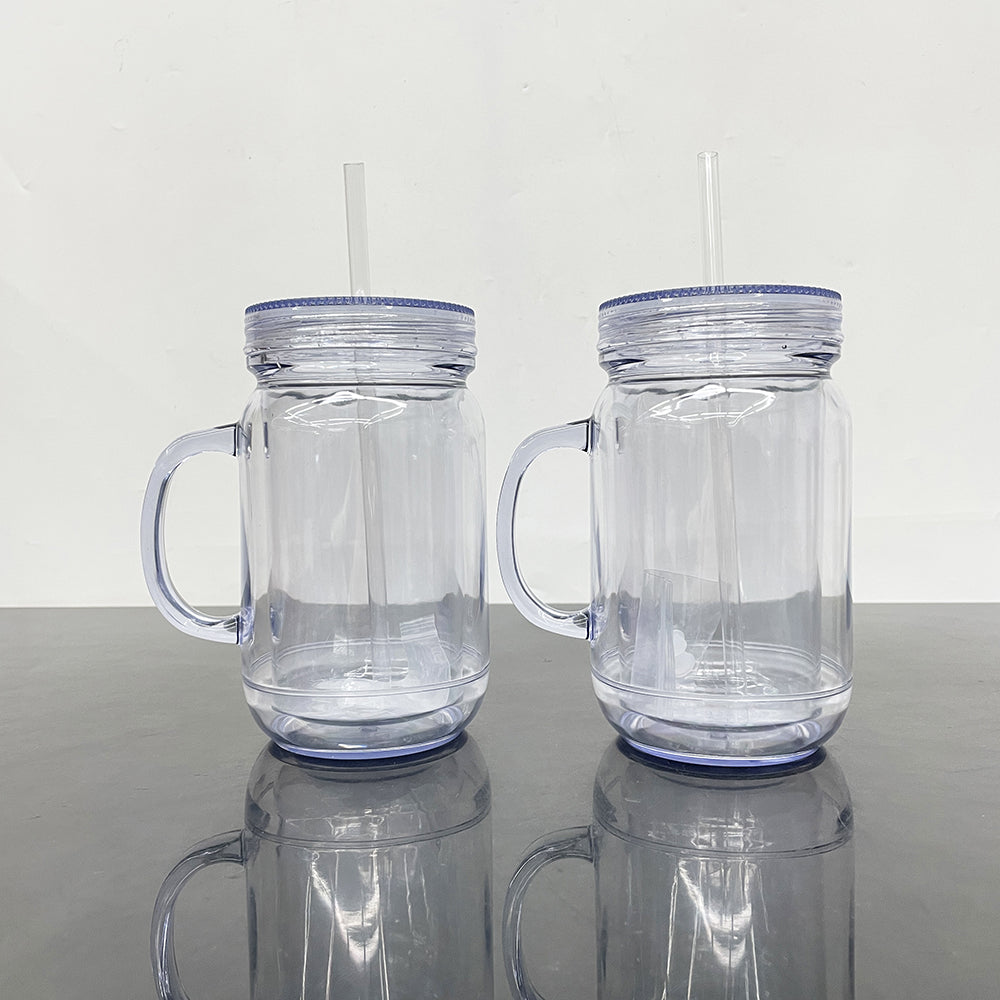 20oz Pre-drilled Double Wall Snow Globe Plastic Mason Jar With Handle and Plug-CNLCA